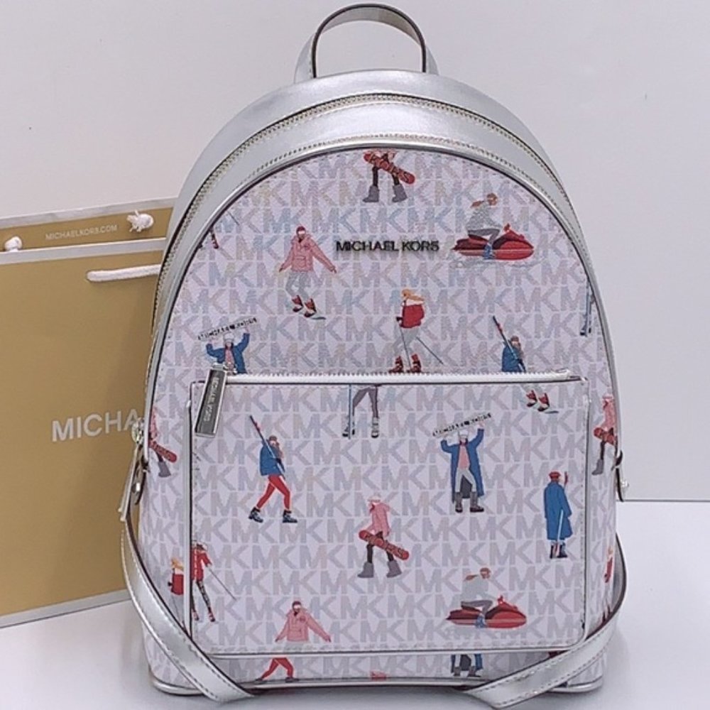 Michael Kors Jet Set Girls Adina Medium Backpack Bright White Silver Multi - Picture 2 of 16